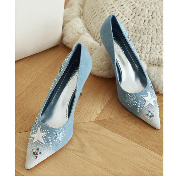 NEW Blue Jean Sparkly Rhinestone Star Embellished Denim Stiletto Heels - Picture 7 of 14